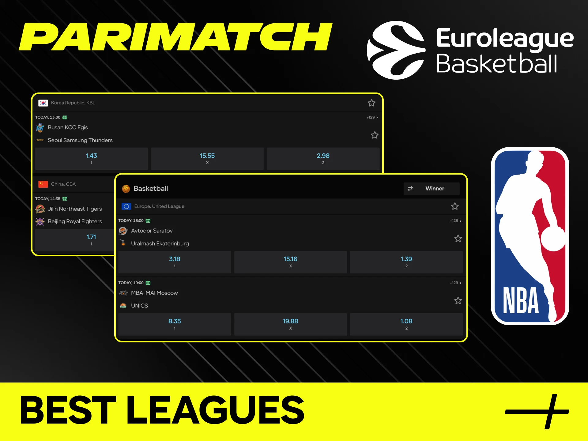 Parimatch basketball betting NBA, EuroLeague, BAL, FIBA, WNBA, NCAA, Spain ACB, Turkey BSL, pre-match, live, futures.