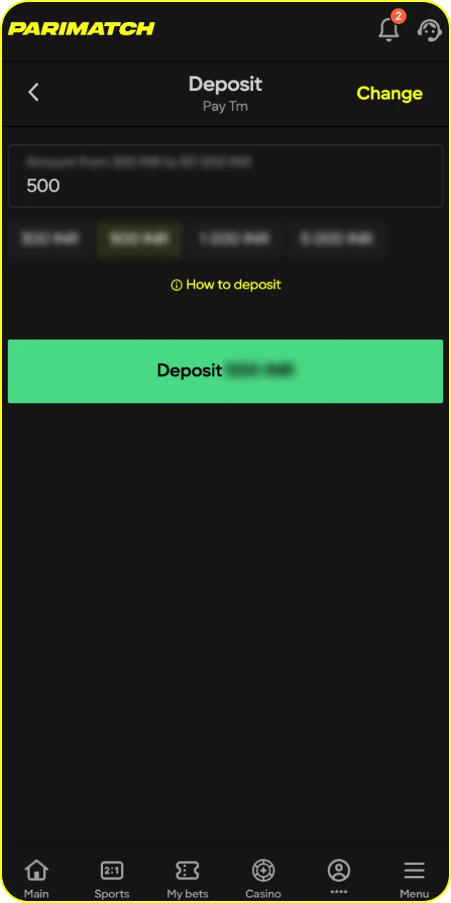 Choose a deposit method at Parimatch online casino.