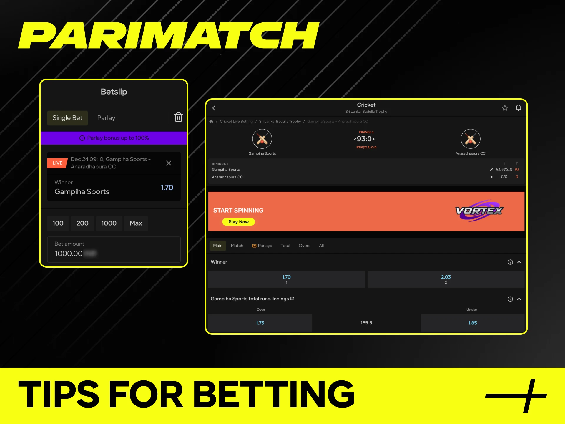 Checklist of cricket betting tips form, XI news, pitch/weather, format markets, bankroll, with stats and live odds tools.