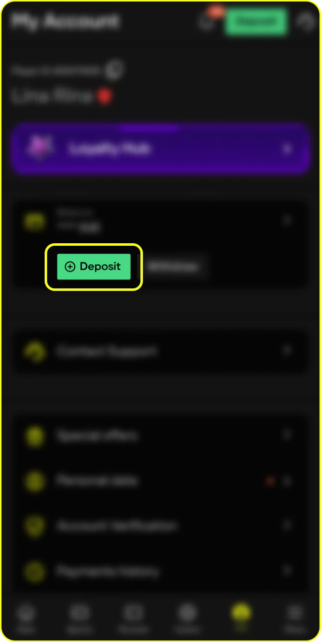 Go to the deposit section by clicking the button in the Parimatch online casino.