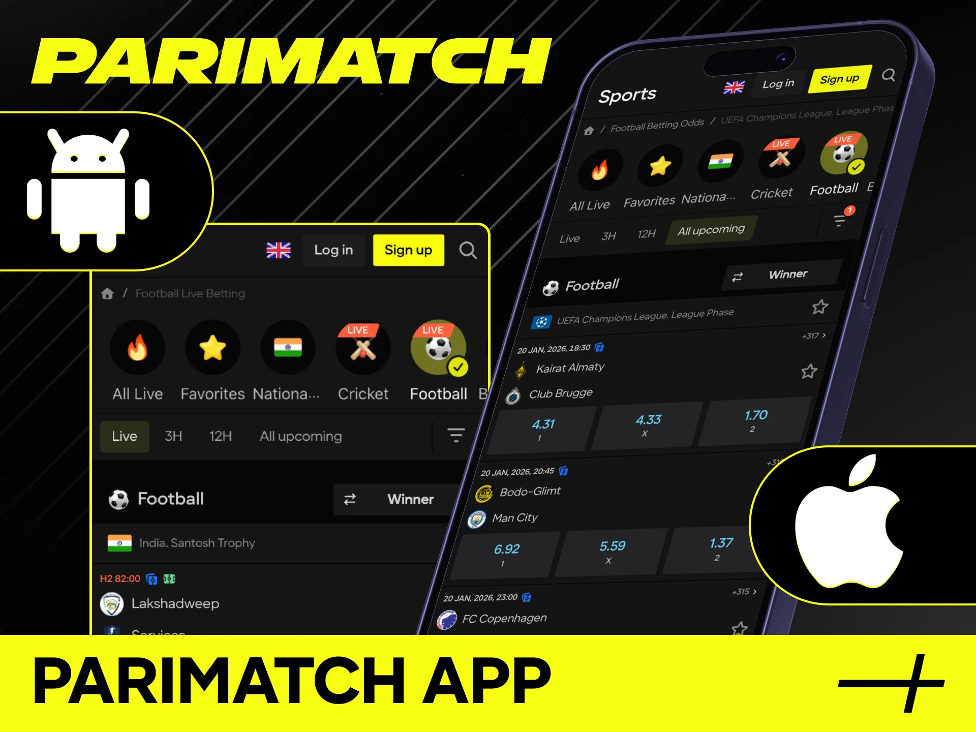 Parimatch Football app screen with pre‑match and live odds, goal and card alerts, Cash Out, and mobile deposit options.