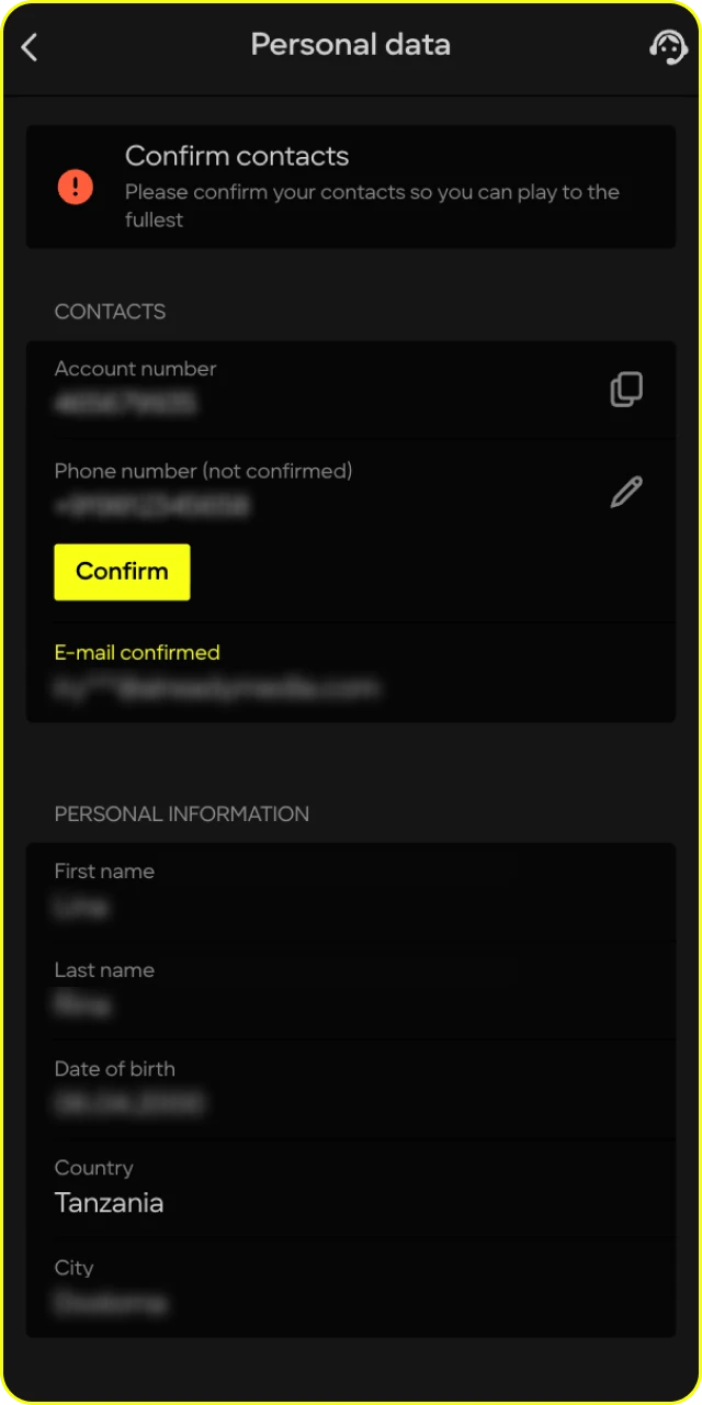 After registering at Parimatch online casino, fill in your profile information.