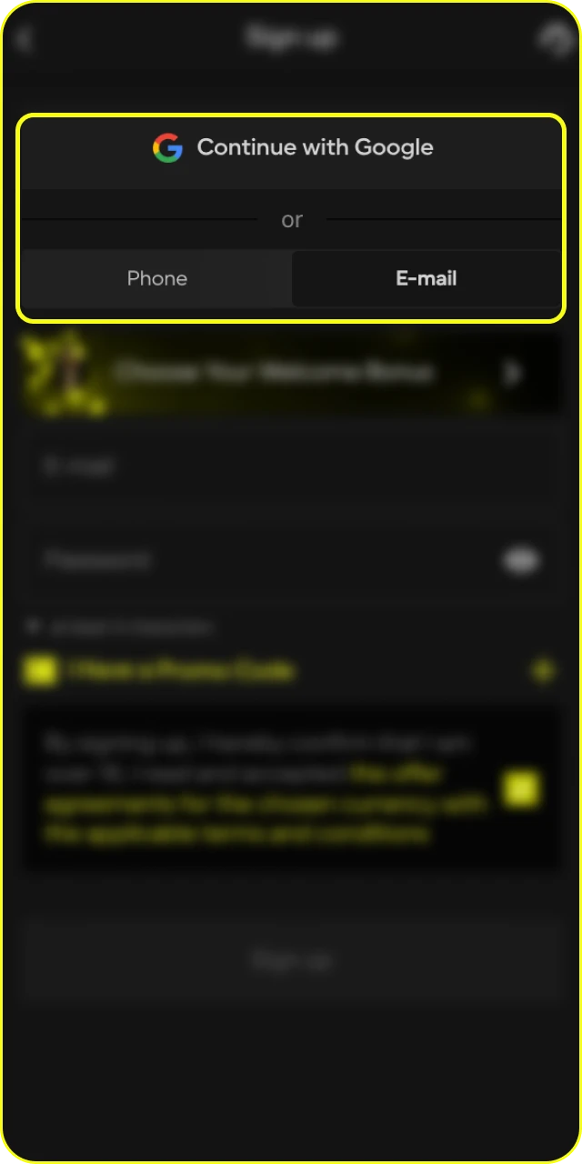 Choose a convenient method for you to register at Parimatch online casino.