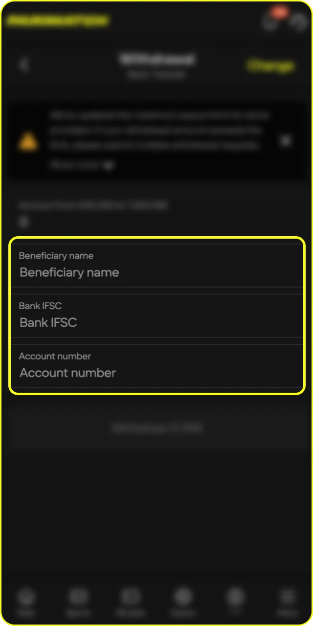 Enter your details to withdraw money from Parimatch online casino.