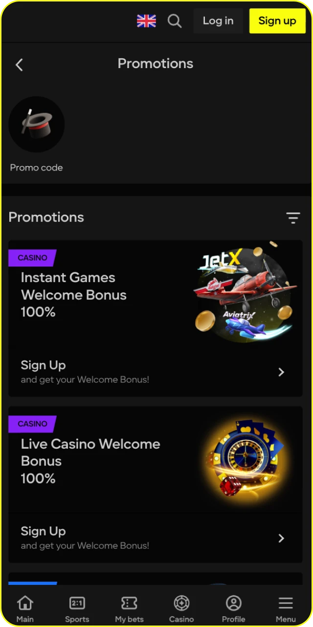 View all available promotions and rewards in the Parimatch App interface.