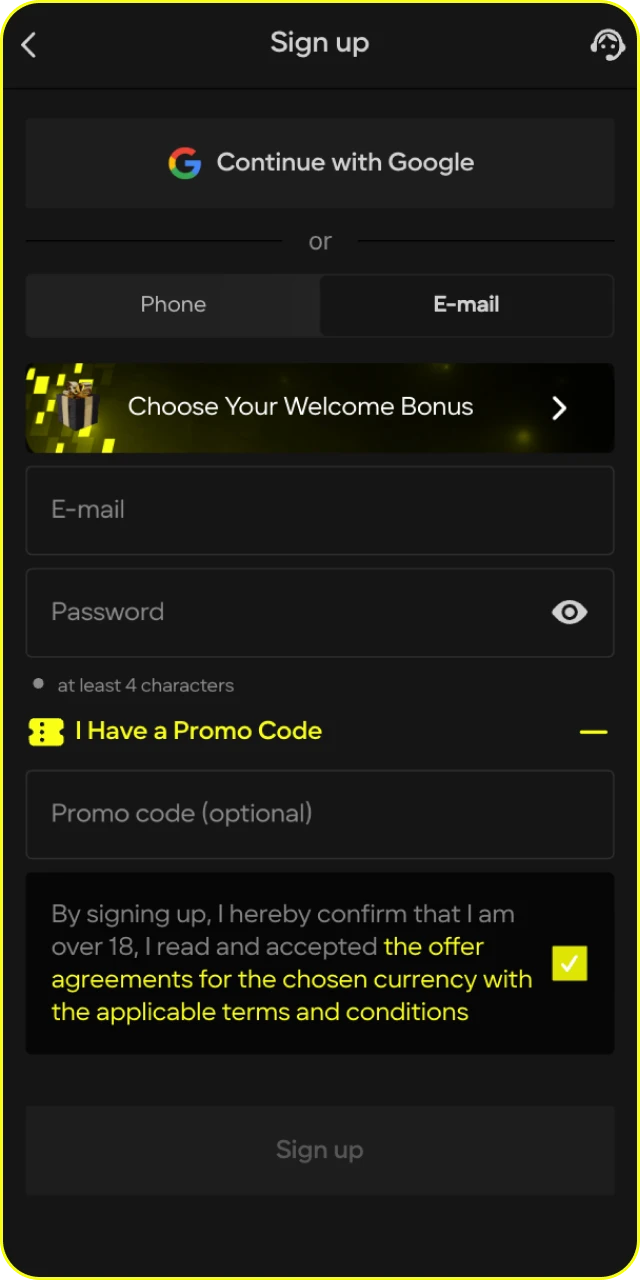 Open the registration interface in the Parimatch App to create your account.