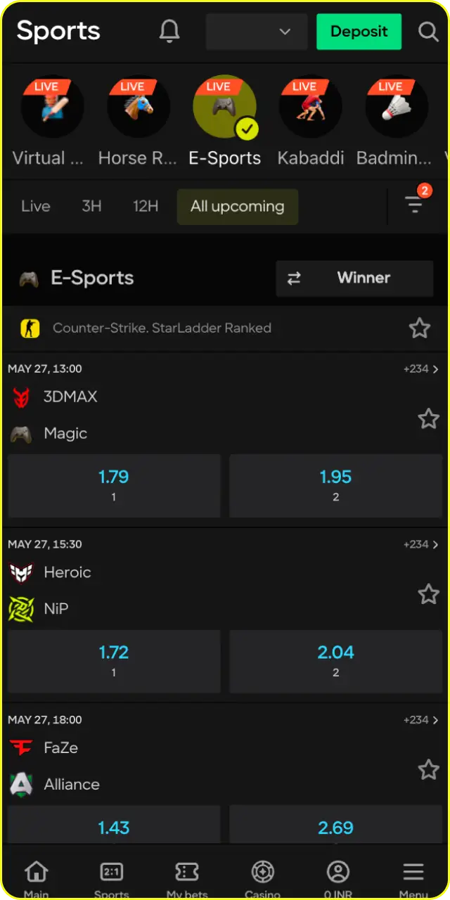 Find esport section on the platform to start placing CS2 stakes.
