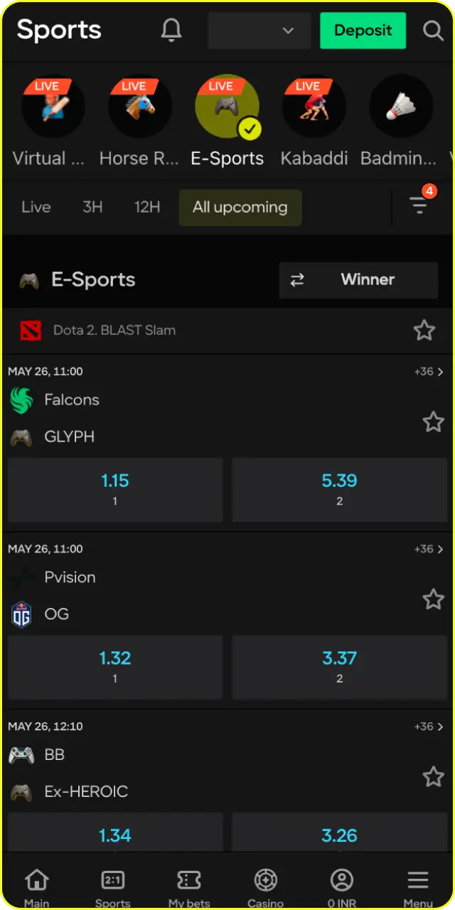 Open esport section to start tracking available high-odds Dota 2 markets.