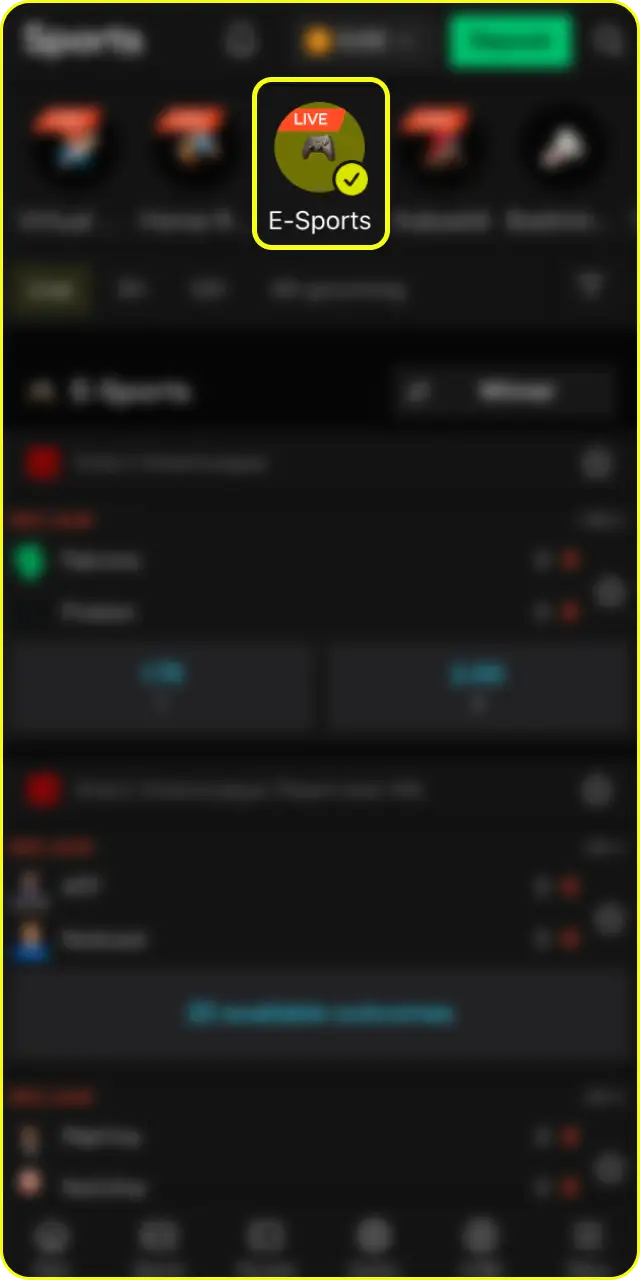 Navigate to the esports section inside the fast Parimatch mobile app.