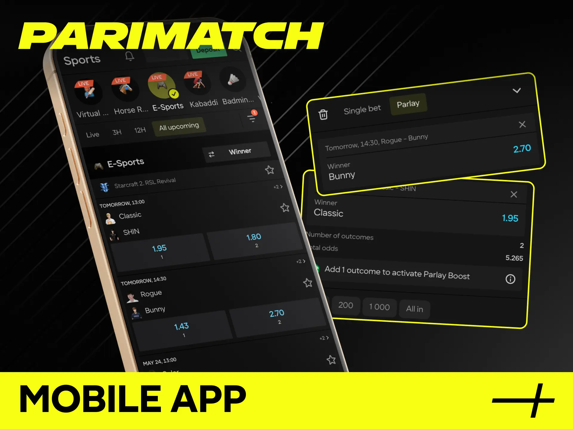 Place your wagers instantly using StarCraft 2 betting via the Parimatch mobile app.
